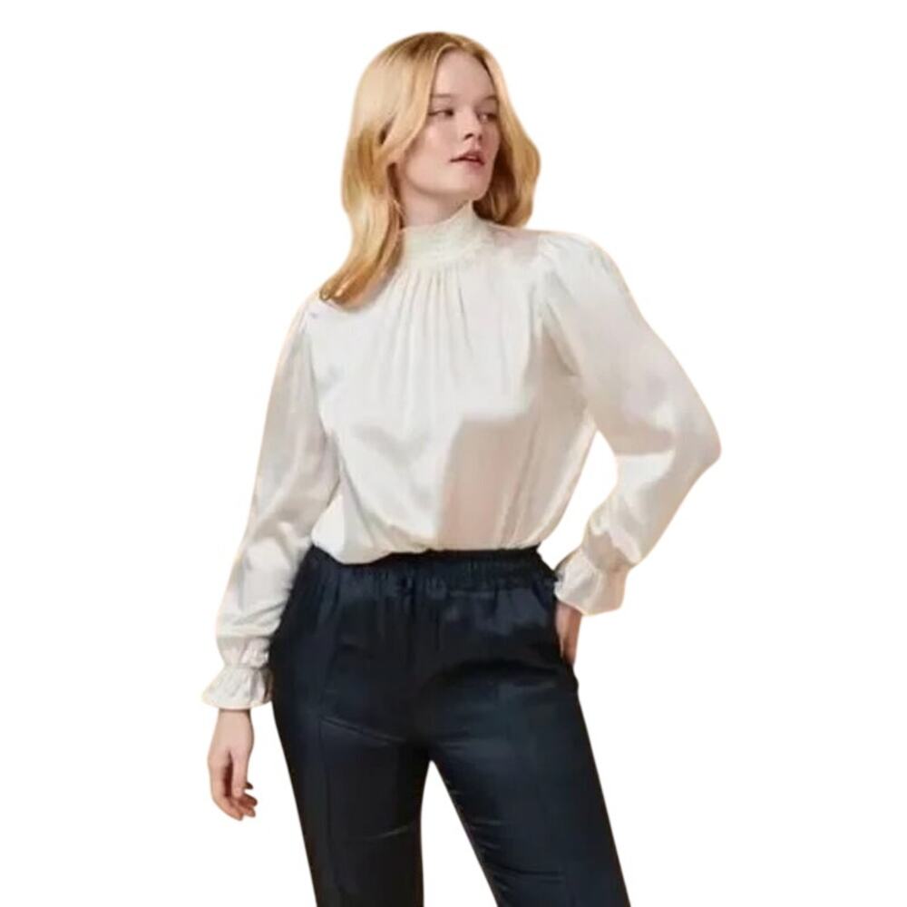 Tucker NYC Stella Georgette Top White Silk NEW Medium Smock Mock Neck Blouse